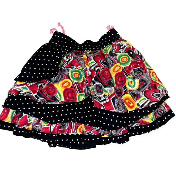 Pampolina Girls Black Skirt Sz 9 Red Floral White Polka Dots Velvet Trim Ruffles - Picture 2 of 9